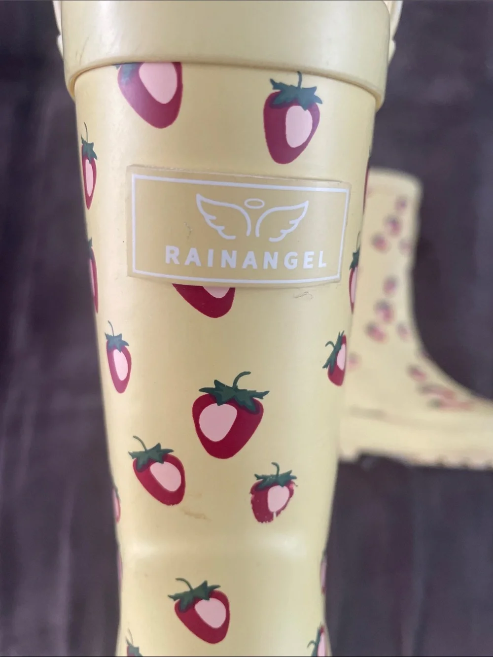 Kids Yellow Rain Boots with Pink Strawberry Pattern